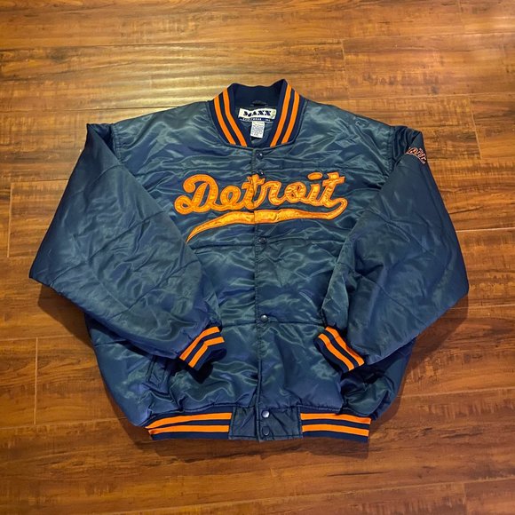 Vintage 80s Detroit Blue Satin Bomber Jacket - XXL - Picture 1 of 5